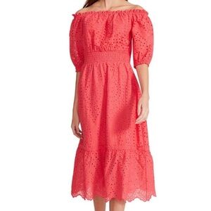 Betsey Johnson Eyelet Off The Shoulder Midi smock Dress church preppy vacation L